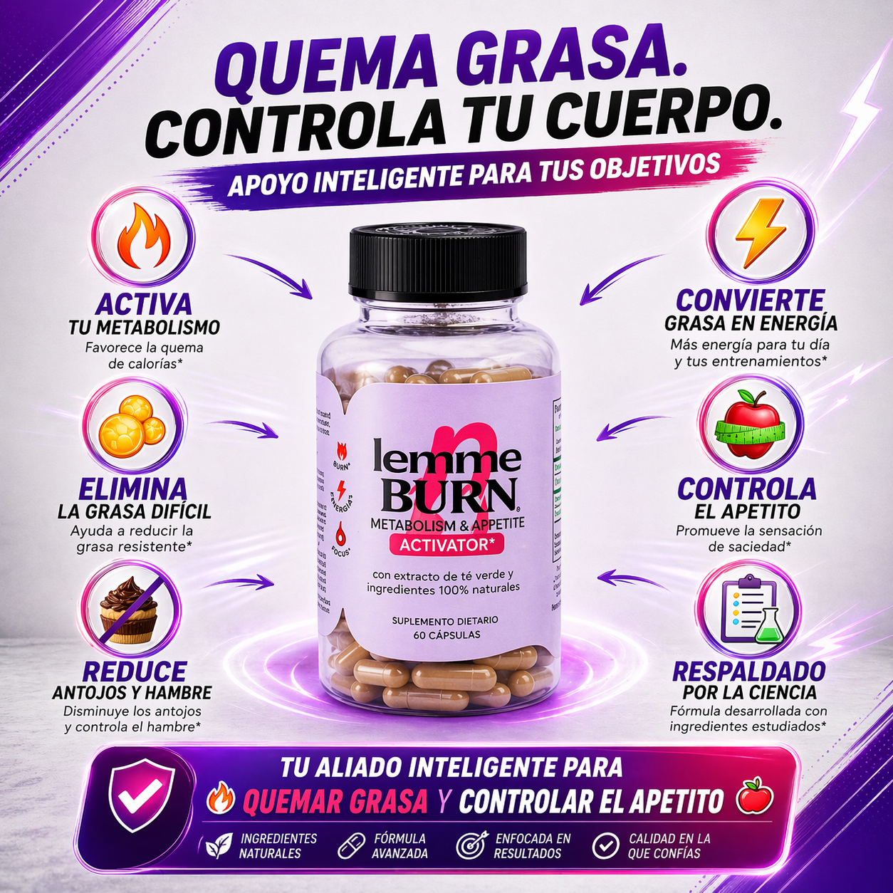Botella Lemme Burn, Quema Grasa, Activa Metabolismo Y Eleva Energía - 60 Cápsulas.