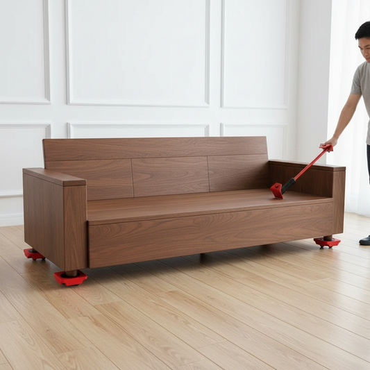 Kit elevador de muebles en uso bajo un sofá